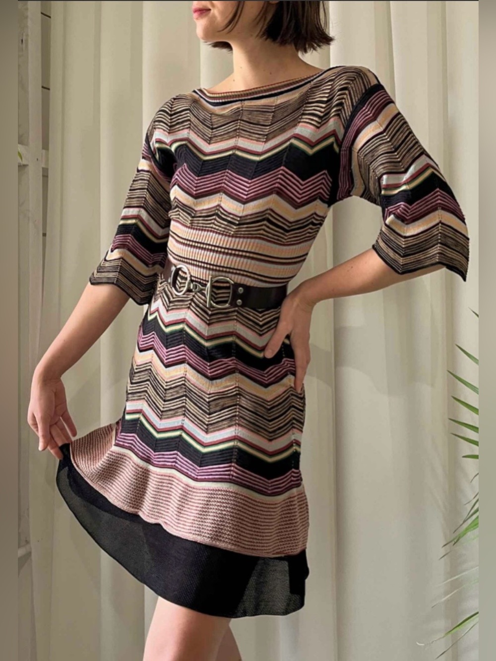Missoni Multicolor Chevron Knit Mini Dress - Beige, Black, Pink, Green